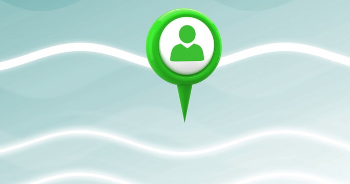 Floating green location pin featuring user silhouette in teal background, glowing white wavy lines
