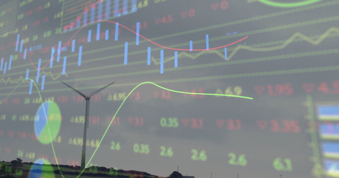 Wind turbine standing at wind farm, with candlestick bars red or green line graphs pie chart numbers