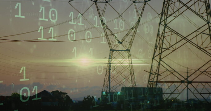 Occupying lattice steel towers with power lines above buildings at sunset, with binary code overlay