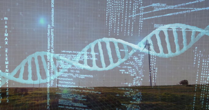 Displaying DNA double helix graphic spanning plain at dusk, with code snippets and 3D grid - Powered by Adobe