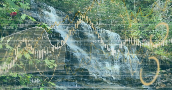 Fototapeta Flowing waterfall cascading over mossy rocks at forest stream, with candlestick and line overlays