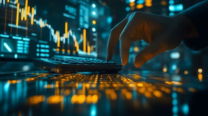 Hand types on keyboard; stock market charts and data displayed on screen.