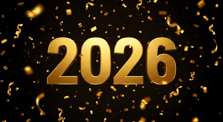 Golden number 2026 with confetti and sparkles on a dark background, representing new year celebration and future prosperity