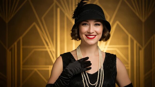 Smiling woman in elegant 1920s flapper fashion with pearls and hat, set against an art deco background