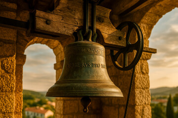 Obraz premium Majestic bell hanging in a stone tower during sunset