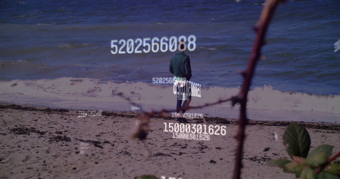 Standing solitary man gazing at sandy shoreline, with floating numeric codes and shrub branch