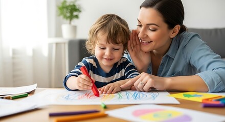 Fototapeta premium Mother and Son Drawing and Coloring Together
