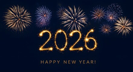 Happy new year 2026 with sparkling fireworks and celebratory lights on a dark night sky