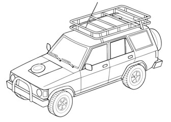 Search and rescue vehicle outline, with roof rack and simple equipment, clean lines, front perspective, coloring book template, white backdrop