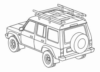 Search and rescue vehicle outline, with roof rack and simple equipment, clean lines, front perspective, coloring book template, white backdrop