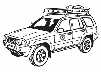 Search and rescue vehicle outline, with roof rack and simple equipment, clean lines, front perspective, coloring book template, white backdrop