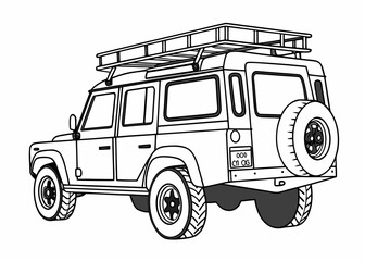 Search and rescue vehicle outline, with roof rack and simple equipment, clean lines, front perspective, coloring book template, white backdrop