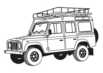 Search and rescue vehicle outline, with roof rack and simple equipment, clean lines, front perspective, coloring book template, white backdrop