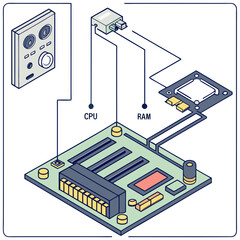 Isometric Illustration of Computer Motherboard with CPU and RAM