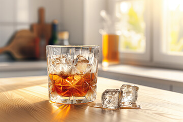 Whiskey on the Rocks in Glass. AI-generated close-up of whiskey on the rocks in a classic tumbler, amber liquid with ice cubes and condensation, moody bar ambiance.