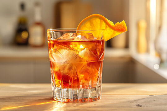 Aperitif Cocktail with Orange Slice. AI-generated refreshing orange-hued aperitif cocktail in elegant stemmed glass with ice cubes and orange slice garnish, sparkling highlights on rustic bar table.