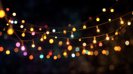 String lights with colorful bulbs hanging against a dark blurred background