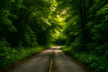 Obraz premium Serene winding road through a lush green forest pathway