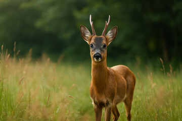 Young deer standing gracefully in a lush green meadow