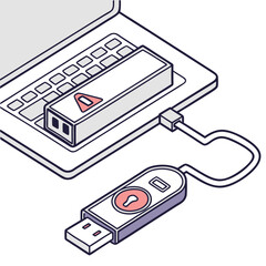 Isometric Illustration of USB Drive Connected to Laptop with Security Warning