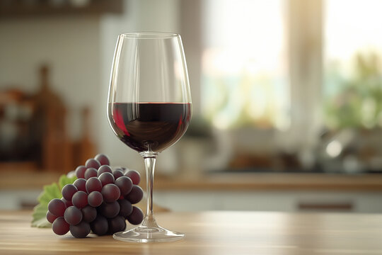 AI-generated glass of deep red wine with plump grapes on rustic wooden board, rich burgundy hues, natural lighting, elegant vineyard-inspired scene.