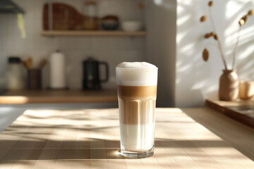 Tall Glass Latte. AI-generated creamy cappuccino latte served in tall clear glass, layered milk-foam art, warm caf&eacute; atmosphere, gentle morning light, inviting barista scene.