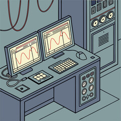 Isometric Pixel Art Illustration of Retro Computer Workstation with Waveform Displays