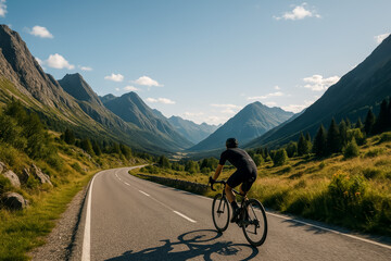 Fototapeta premium Cyclist riding through stunning mountain landscape on sunny day