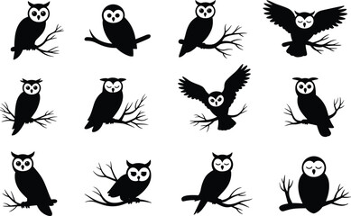 Owl silhouette vector collection, flying and sitting owl clipart, night bird design, tree branch owl icons, wildlife illustration, spooky nocturnal animal drawing