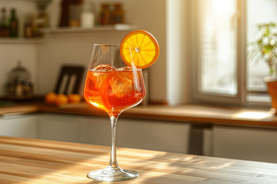 Aperitif Cocktail with Orange Slice. AI-generated refreshing orange-hued aperitif cocktail in elegant stemmed glass with ice cubes and orange slice garnish, sparkling highlights on rustic bar table.
