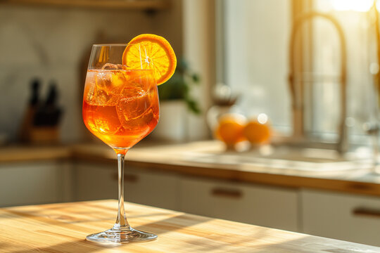 Aperitif Cocktail with Orange Slice. AI-generated refreshing orange-hued aperitif cocktail in elegant stemmed glass with ice cubes and orange slice garnish, sparkling highlights on rustic bar table.