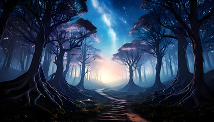 Obraz premium Abstract winds through a misty forest under a starry night sky, futuristic and dynamic on digital art concept, Generative AI.