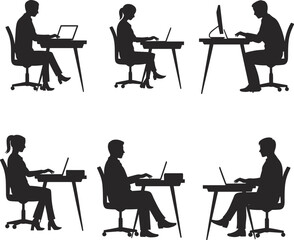 Office worker silhouettes, people working at desks, computer users sitting on chairs, male and female professionals, business workspace vector, job task workplace illustration