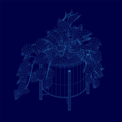 A 3D wireframe of a potted plant features an intricately detailed planter with precise lines and curves. The blue background highlights the realistic structure.