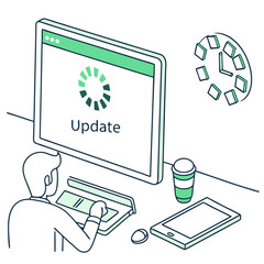 Man Waiting for Software Update on Desktop Computer