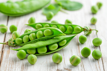 AI-generated fresh green peas scattered on light wooden kitchen table, some in open pods and loose shelled peas, soft natural morning light, cozy farm-to-table vibe.