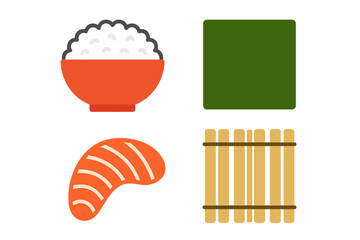 Colorful ingredients showcase for sushi preparation on a clean, simple background