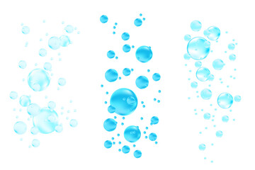 Cute 3D flowing blue liquid water bubbles or fluid glowing air bubbles droplets isolated, transparent background. Sparkling water, moisture condensation molecules or particles