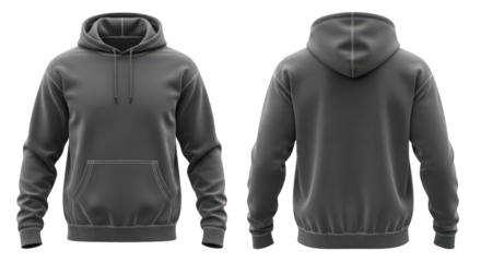 Front and back view of a gray hooded sweatshirt with a kangaroo pocket, displayed against a plain white background.