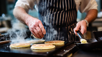 Fototapeta premium Chef Making Pancakes on Griddle – Celebrate National Pancake Day with Freshly Made Morning Stacks and Syrup