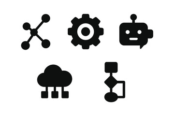Collection of black icons representing technology, automation, and data management in a minimalist design style