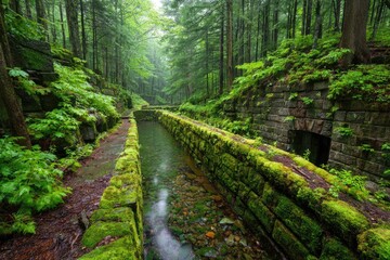 Moss-covered stone canal in a misty forest