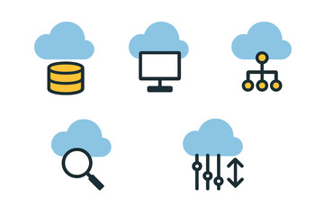 Cloud computing icons represent data management and online connectivity for business applications and services