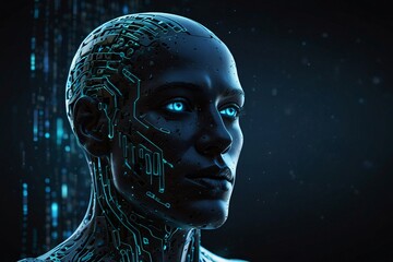 Futuristic Robotic Figure With Illuminated Blue Eyes and Circuit Detailing