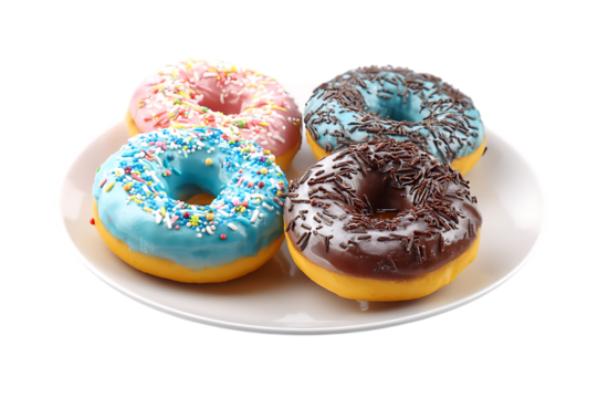 A Delicious Quartet of Assorted Glazed Donuts on a Plate isolated on transparent background	