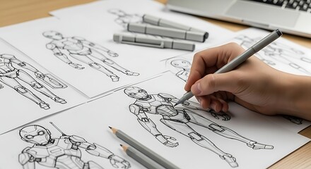 Creative Process of Robot Character Design Concept Art Close Up Hand Drawing Futuristic Character Sketches on Paper and Computer
