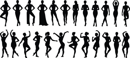 Stylish female silhouette set with elegant, dancing and confident standing poses, ideal for fashion, fitness, or art projects
