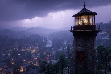Stormy night view of a village from a lighthouse