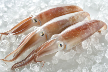 Three Fresh Squid Bodies on Crushed Ice. AI-generated trio of whole fresh squid bodies arranged on clear crushed ice atop a light stone kitchen countertop; pearly skin
