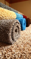 Rolled carpets in various colors stacked (1)